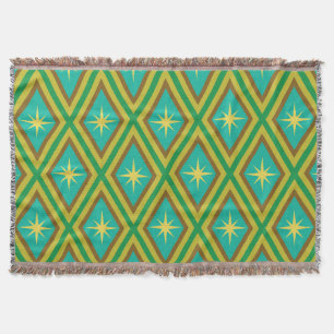 Mid Century Yellow Stars on Retro diamonds Pattern Throw Blanket