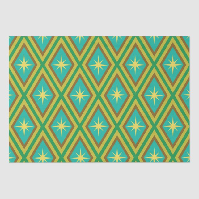 Mid Century Yellow Stars on Retro diamonds Pattern Tissue Paper (Front)