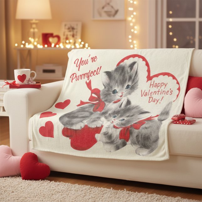 Mid Century You're Purrrfect Valentine Day Kittens Fleece Blanket (Mid Century You're Purrrfect Valentine Day Kittens Fleece Blanket)