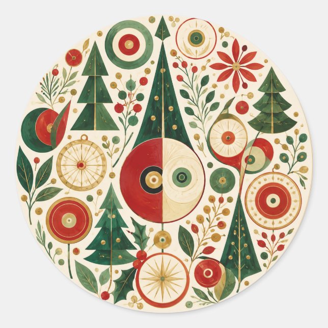Mid-Century Yuletide Mosaic Classic Round Sticker (Front)