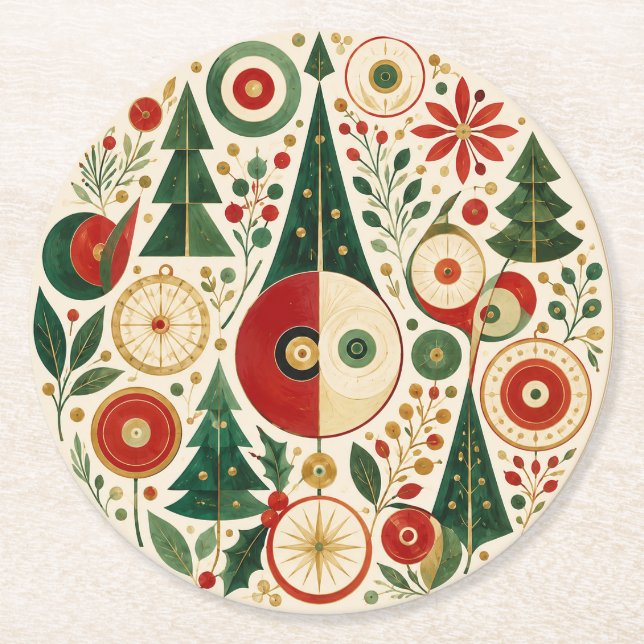 Mid-Century Yuletide Mosaic Round Paper Coaster (Front)