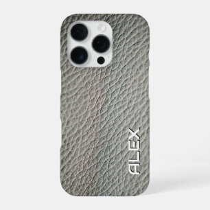 Mid Grey Leather Texture – Realistic Neutral Patte iPhone 16 Pro Case
