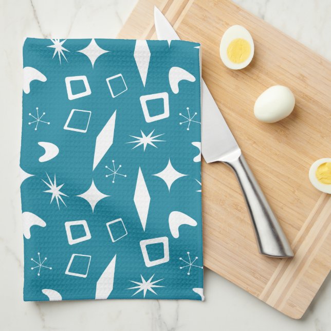 Mid Mod Atomic Mid-Century Modern Retro Blue Tea Towel (Quarter Fold)
