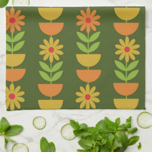 Mid Mod Flowers with geometric half circles Tea Towel