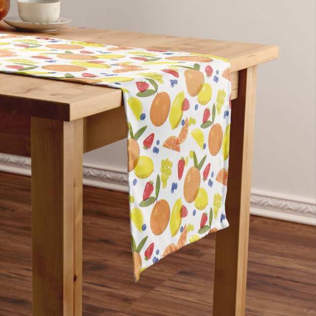 Mid Mod Grungy Risograph Farmers Market Fruit Short Table Runner (In Situ)