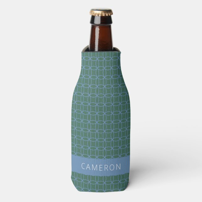 Mid Mod Line Art Pattern Green Blue Personalised Bottle Cooler (Bottle Front)
