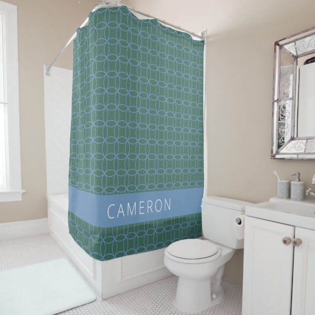 Mid Mod Line Art Pattern Green Blue Personalised  Shower Curtain (In Situ)