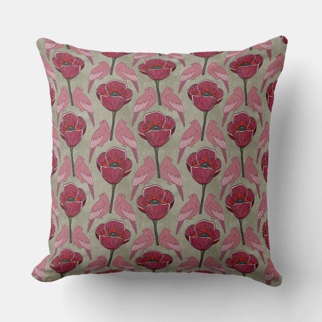 Mid Mod Magenta Poppies & Birds Throw Pillow (Front)