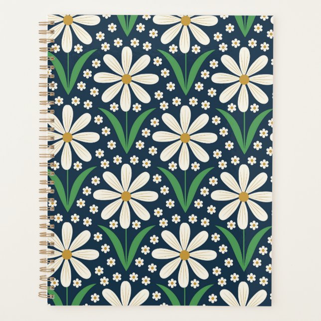 Mid Mod Retro White Daisies Pattern on Dark blue  Planner (Front)