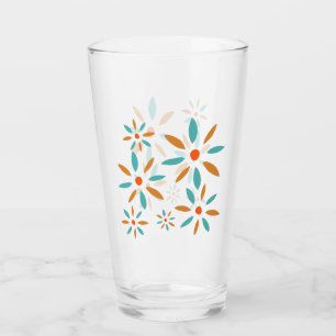 Mid Mod Turquoise Blue And Orange Abstract Flowers Glass