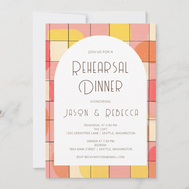 Mid Modern Geometric Pink Yellow Rehearsal Dinner  Invitation (Front)