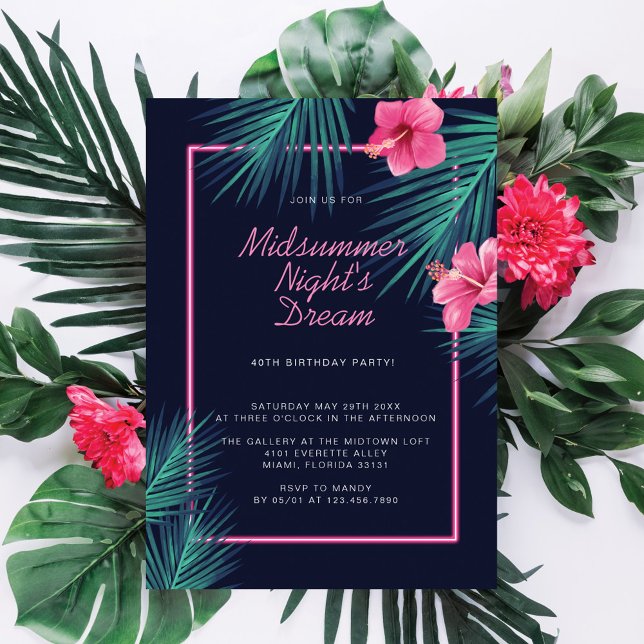 Mid Summer Night's Dream Neon Tropical Birthday Invitation (Creator Uploaded)