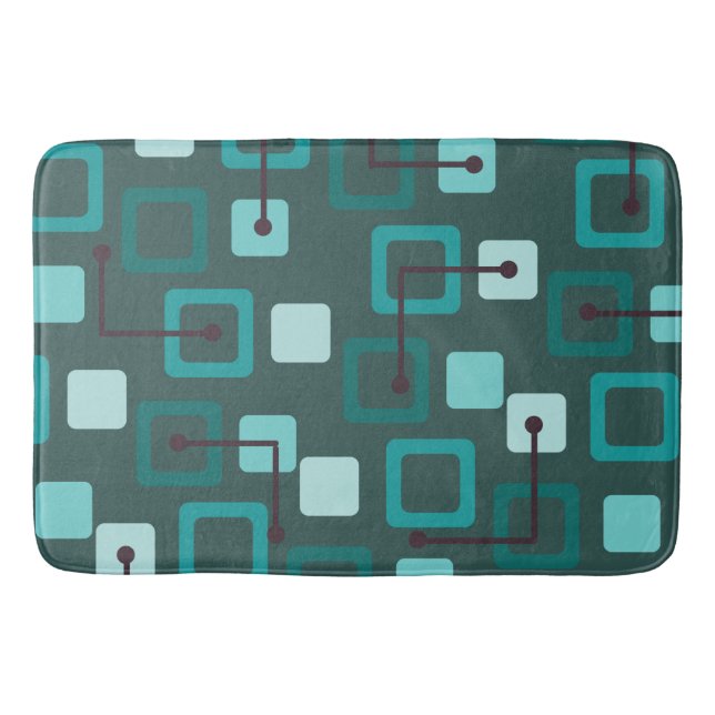 Midcentury 1950s Tiles & Squares Teal Bath Mat (Front)