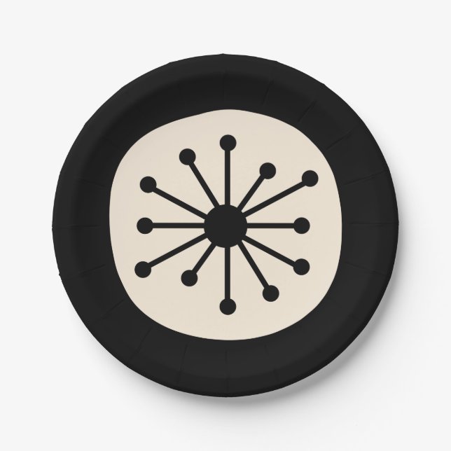 Midcentury Atomic Dot Cute Retro Black and Cream Paper Plate (Front)