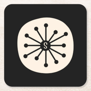 Midcentury Atomic Dot Cute Retro Black and Cream Square Paper Coaster