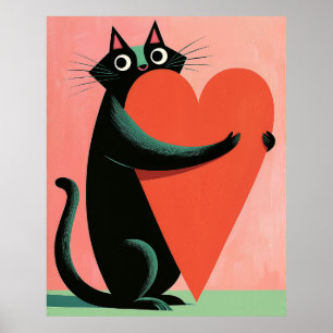Midcentury Black Cat Heart Coral Wall Art