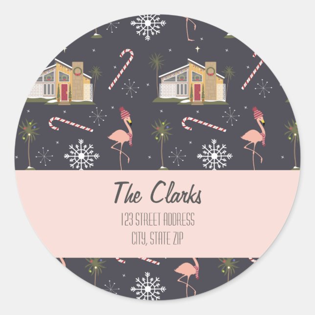 Midcentury Christmas House Palm Tree Address Class Classic Round Sticker (Front)