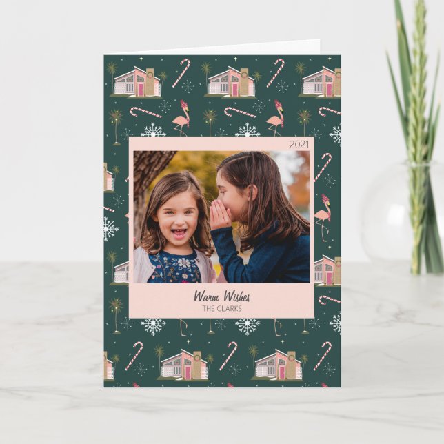 Midcentury Christmas Pink House Palm Tree Photo Ho Holiday Card (Front)