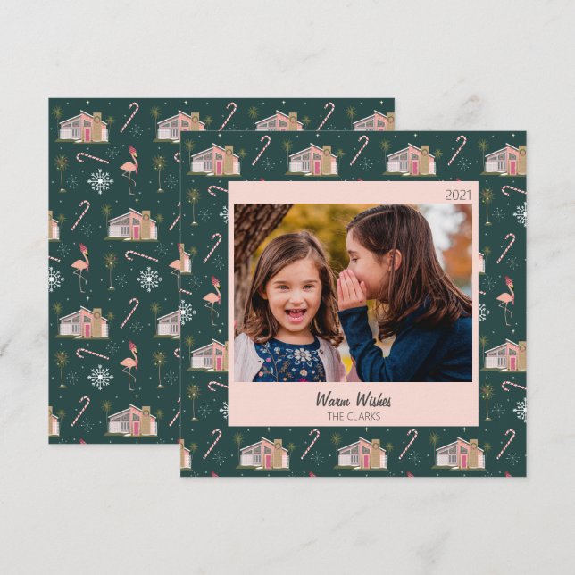 Midcentury Christmas Pink House Palm Tree Photo  Holiday Card (Front/Back)
