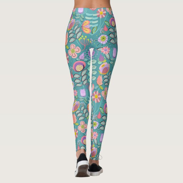 Midcentury Floral Green Leggings (Back)