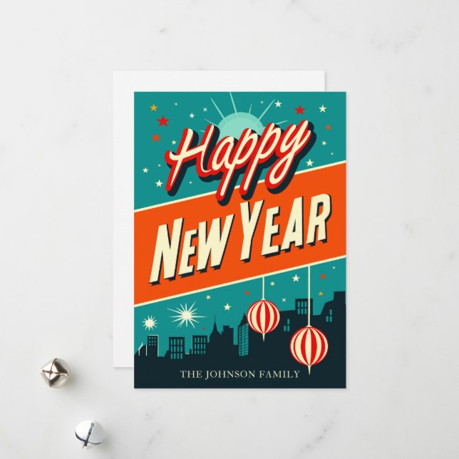 Midcentury Happy New Year  Holiday Card (Front/Back In Situ)