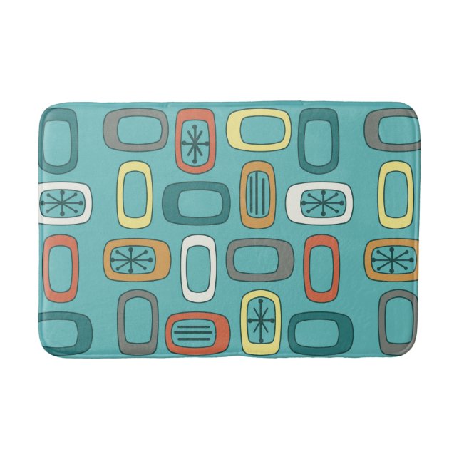 Midcentury MCM Rounded Rectangles Aquamarine Bath Mat (Front)