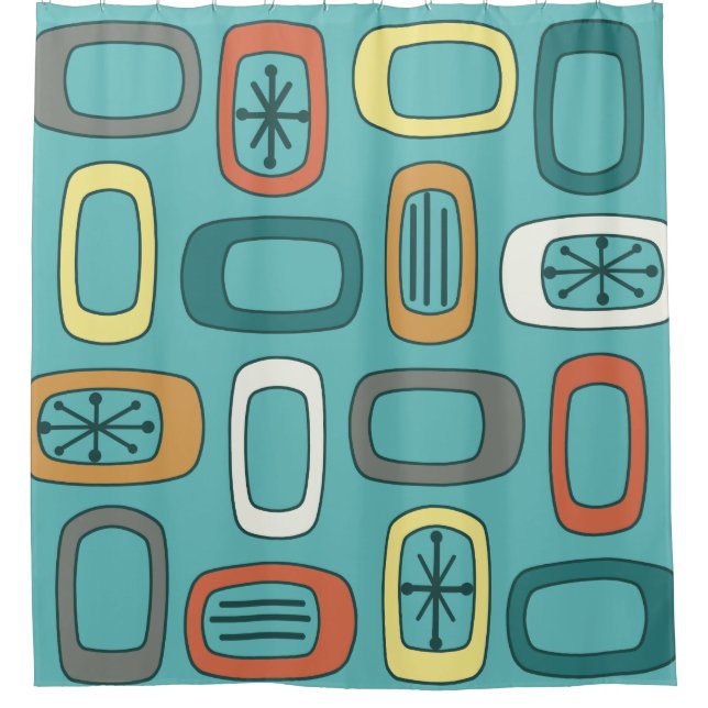 Midcentury MCM Rounded Rectangles Aquamarine Shower Curtain (Front)