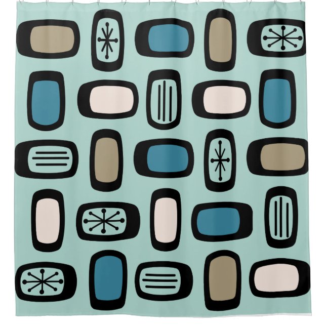 Midcentury MCM Rounded Rectangles Aquamarine Shower Curtain (Front)