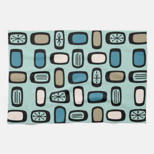 Midcentury MCM Rounded Rectangles Aquamarine Tea Towel