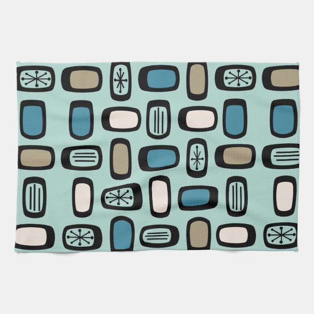Midcentury MCM Rounded Rectangles Aquamarine Tea Towel (Horizontal)