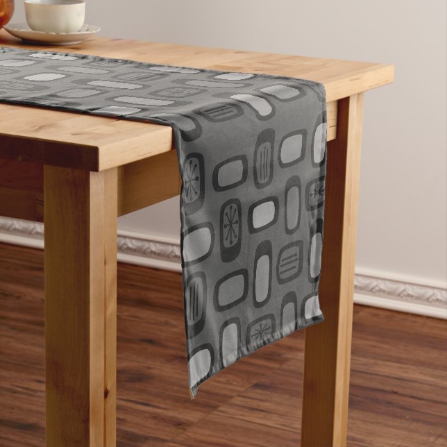Midcentury MCM Rounded Rectangles Ash Grey Short Table Runner (In Situ)