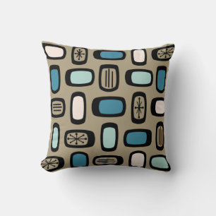 Midcentury MCM Rounded Rectangles Gold Blue Cushion