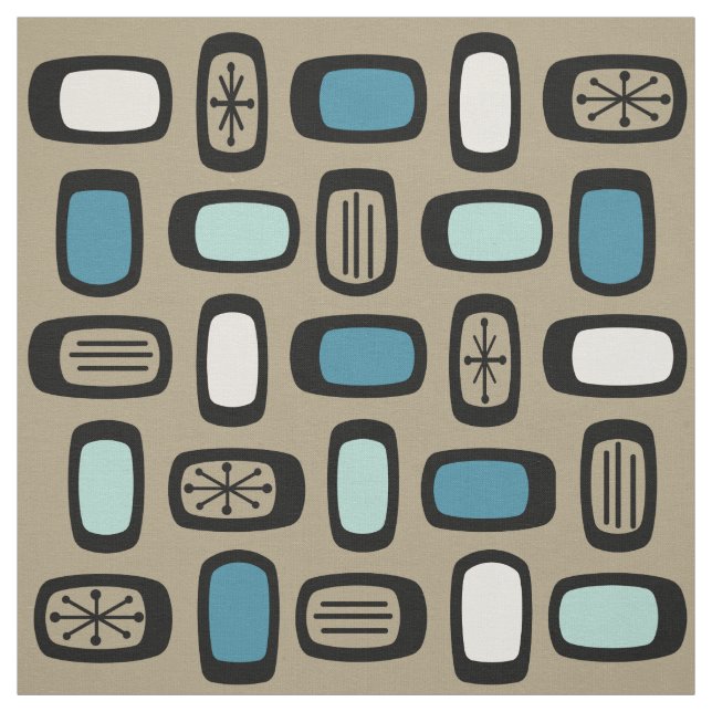 Midcentury MCM Rounded Rectangles Gold Blue Fabric (Swatch)