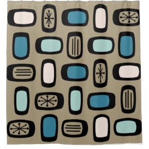 Midcentury MCM Rounded Rectangles Gold Blue Shower Curtain
