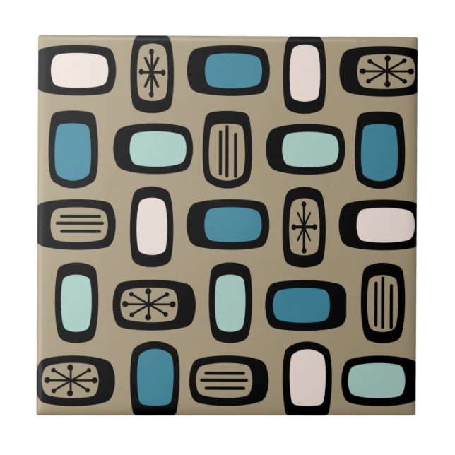 Midcentury MCM Rounded Rectangles Gold Blue Tile (Front)