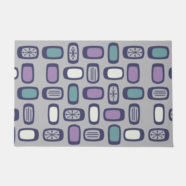 Midcentury MCM Rounded Rectangles Grey Purple Doormat (Front)