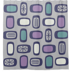 Midcentury MCM Rounded Rectangles Grey Purple Shower Curtain