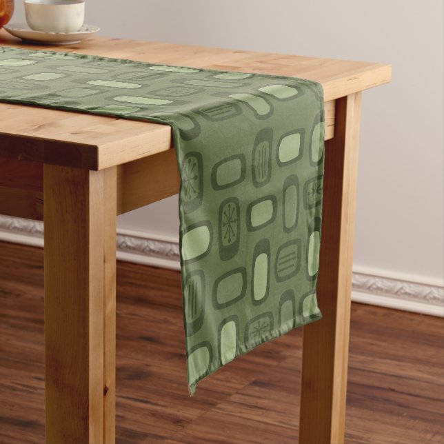 Midcentury MCM Rounded Rectangles Olive Green Short Table Runner (In Situ)