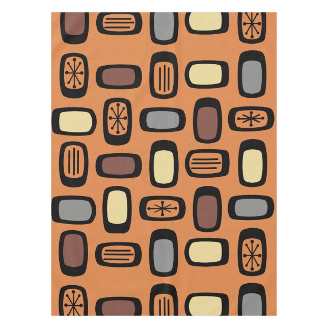 Midcentury MCM Rounded Rectangles Orange Brown Tablecloth (Front)