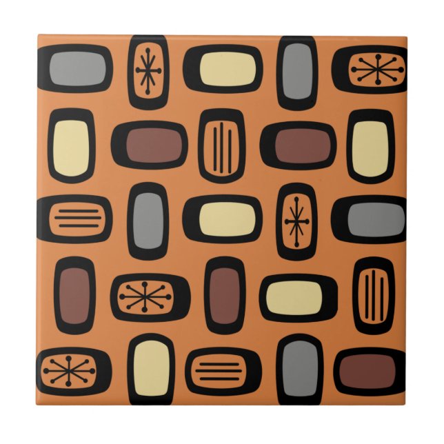 Midcentury MCM Rounded Rectangles Orange Brown Tile (Front)