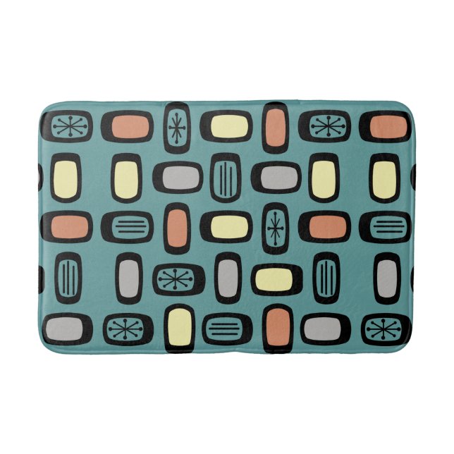 Midcentury MCM Rounded Rectangles Turquoise Colorf Bath Mat (Front)