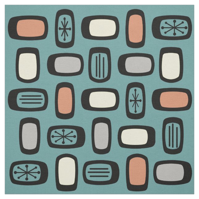 Midcentury MCM Rounded Rectangles Turquoise Colorf Fabric (Swatch)