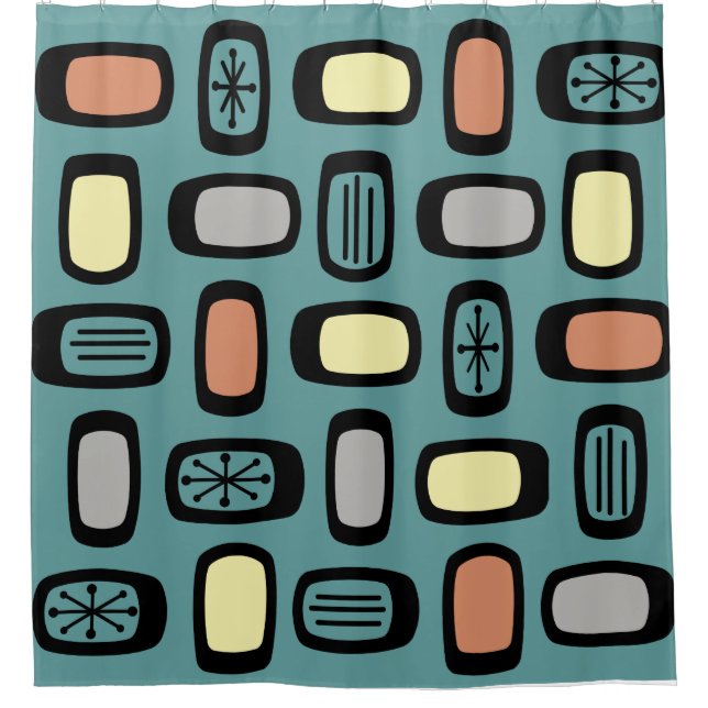 Midcentury MCM Rounded Rectangles Turquoise Colorf Shower Curtain (Front)