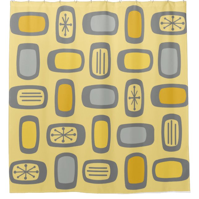 Midcentury MCM Rounded Rectangles Yellow Grey Shower Curtain (Front)