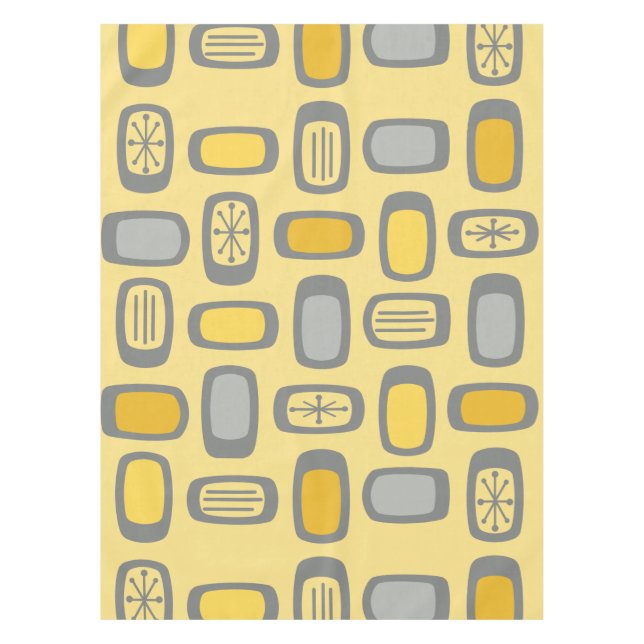 Midcentury MCM Rounded Rectangles Yellow Grey Tablecloth (Front)