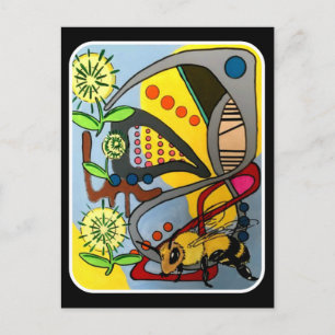 'MidCentury Mod Abstract Garden Bee' painting on a Postcard