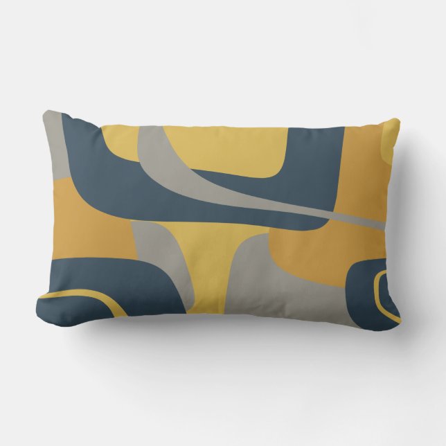 Midcentury Modern Abstract 2 Mustard Navy Grey Lumbar Cushion (Front)