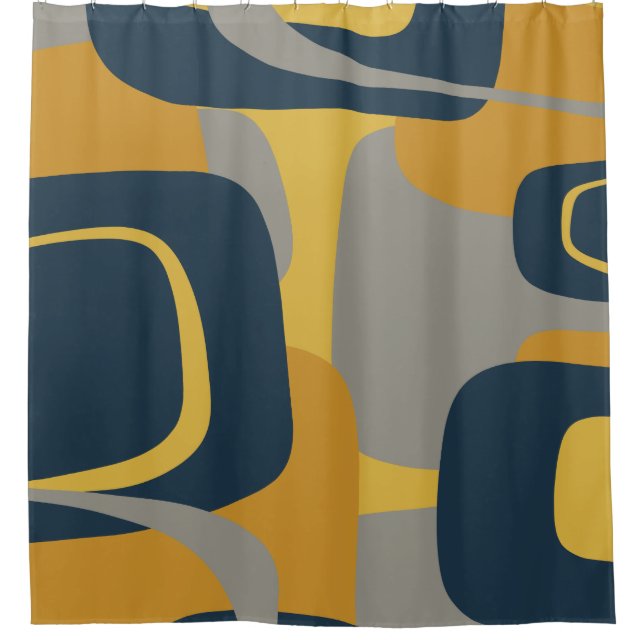 Midcentury Modern Abstract 2 Mustard Navy Grey Shower Curtain (Front)