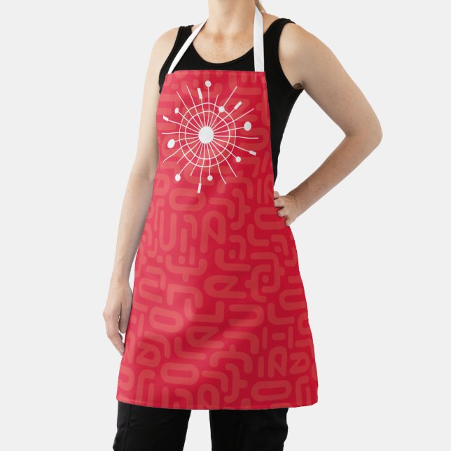 Midcentury Modern Atomic Christmas Snowflake Red Apron (Insitu)