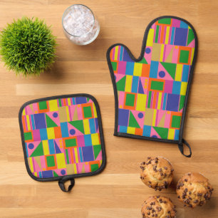 Midcentury Modern Colourful Retro Geometric Patter Oven Mitt & Pot Holder Set